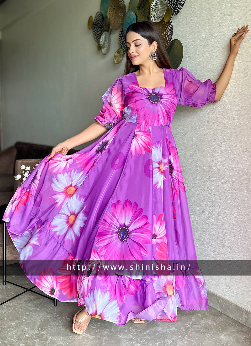 Purple Floral Printed Organza Partywear Maxi Dress