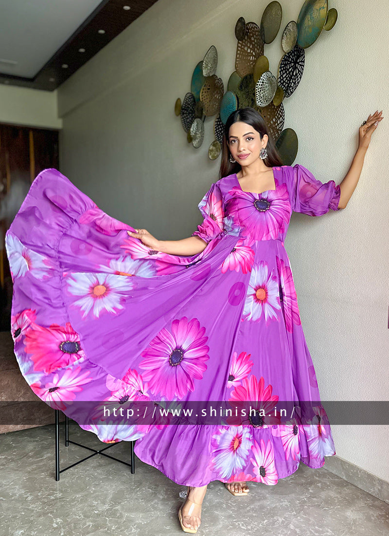 Purple Floral Printed Organza Partywear Maxi Dress