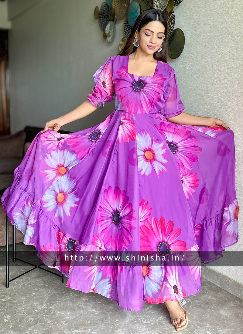 Purple Floral Printed Organza Partywear Maxi Dress