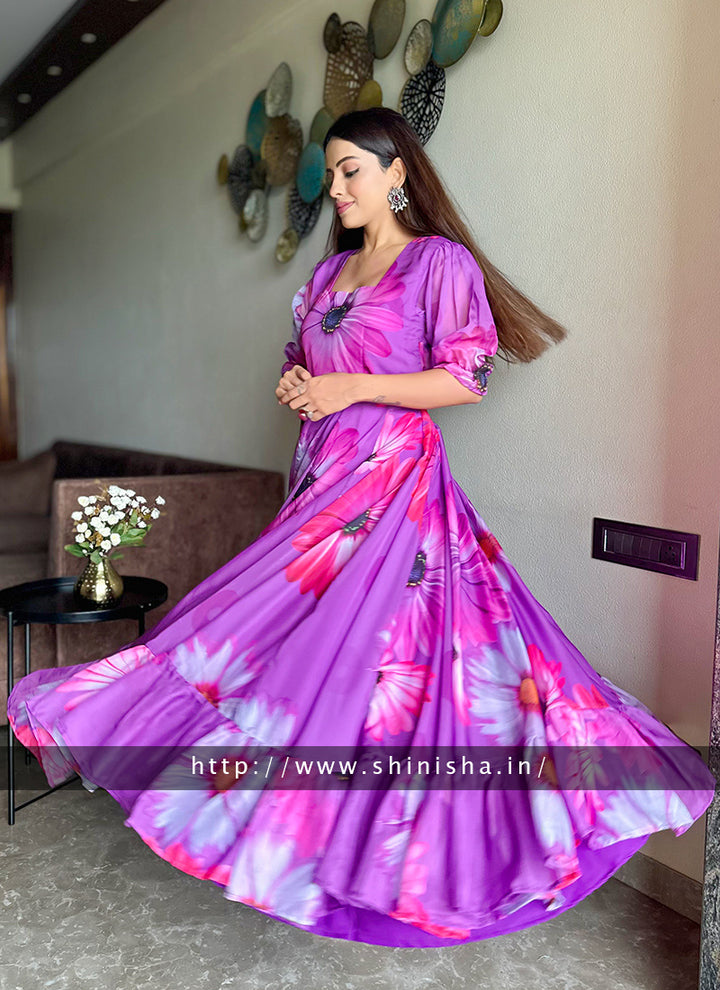 Purple Floral Printed Organza Partywear Maxi Dress