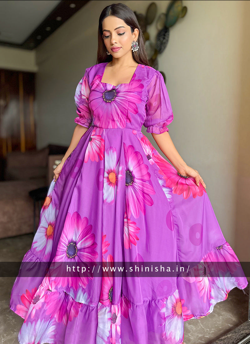 Purple Floral Printed Organza Partywear Maxi Dress