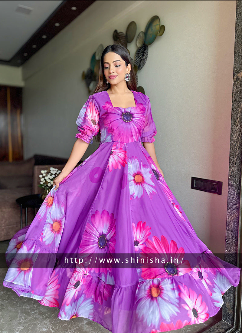 Purple Floral Printed Organza Partywear Maxi Dress