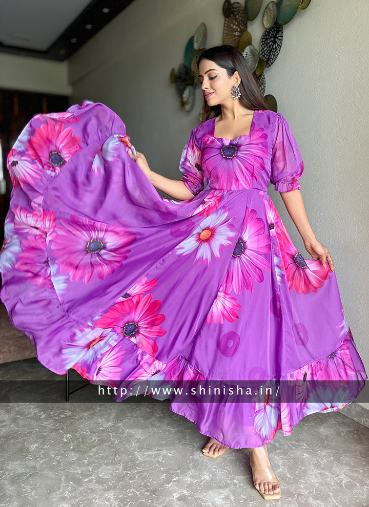 Purple Floral Printed Organza Partywear Maxi Dress