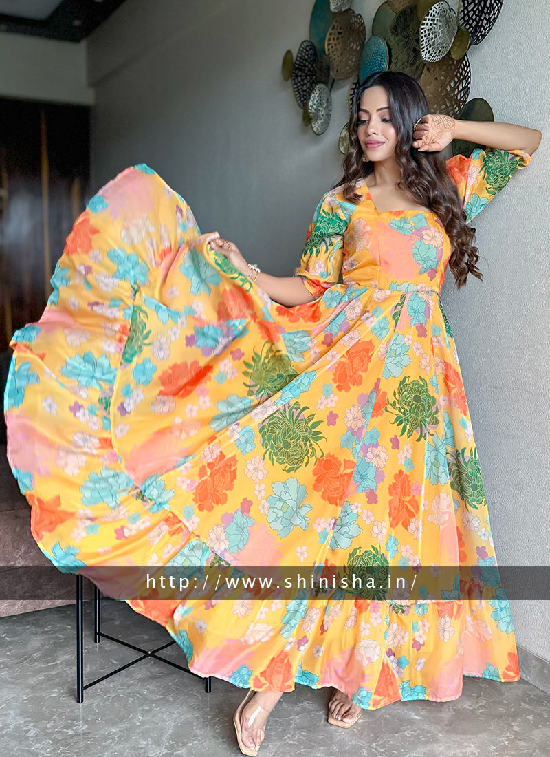 Yellow Printed Organza Partywear Maxi Dress