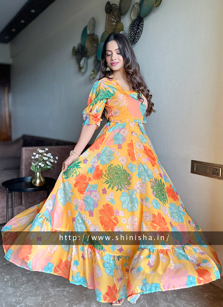 Yellow Printed Organza Partywear Maxi Dress