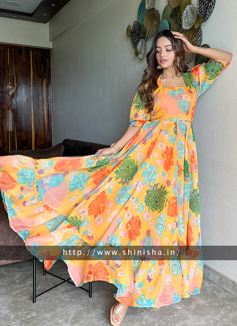 Yellow Printed Organza Partywear Maxi Dress