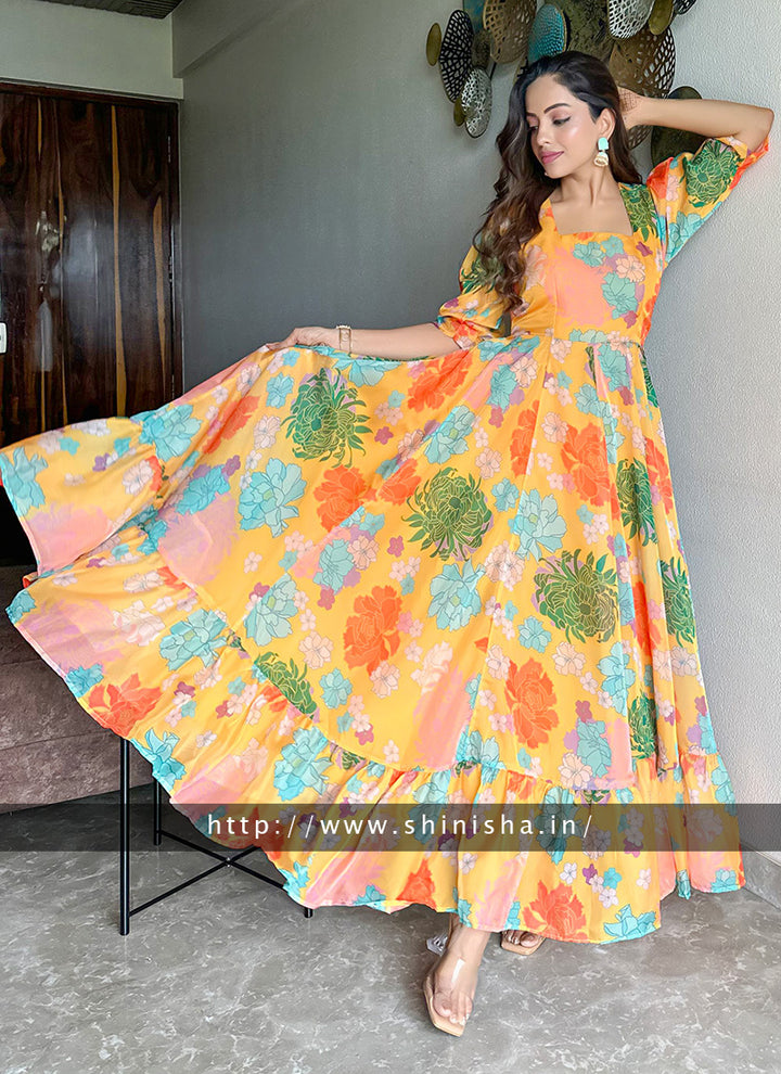 Yellow Printed Organza Partywear Maxi Dress