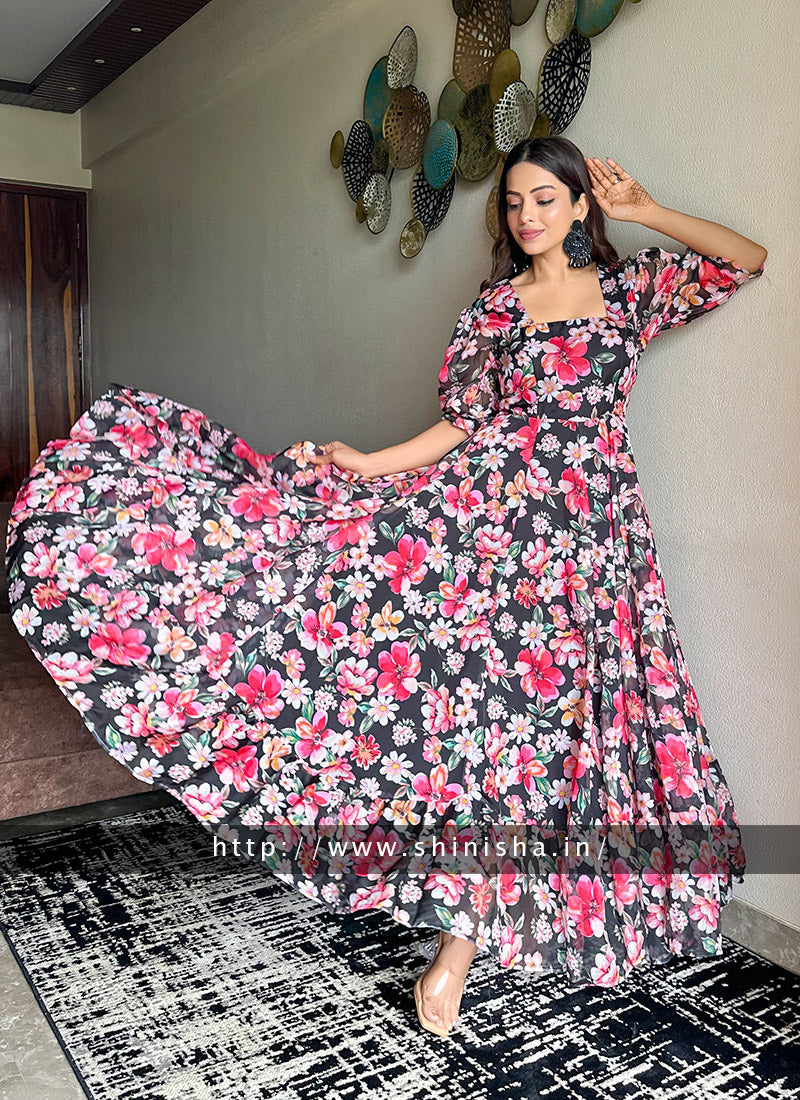 Black Printed Organza Partywear Maxi Dress