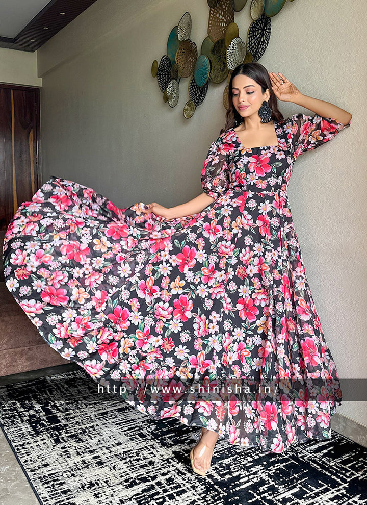 Black Printed Organza Partywear Maxi Dress