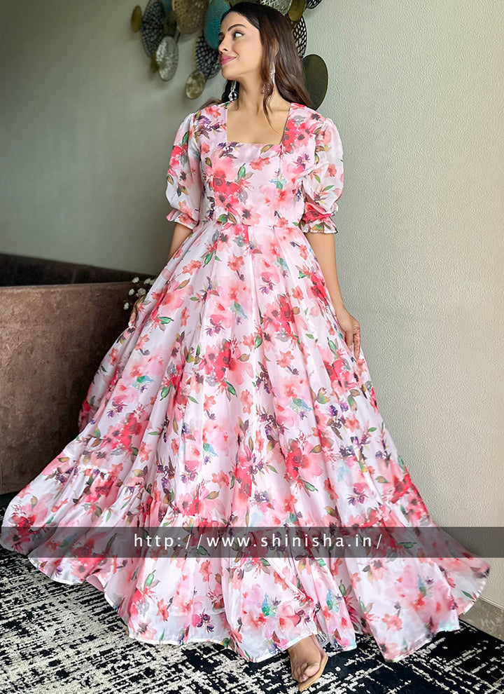 Peach Floral Printed Organza Partywear Maxi Dress