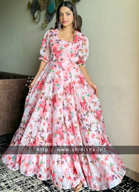 Peach Floral Printed Organza Partywear Maxi Dress