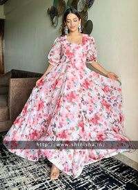 Peach Floral Printed Organza Partywear Maxi Dress