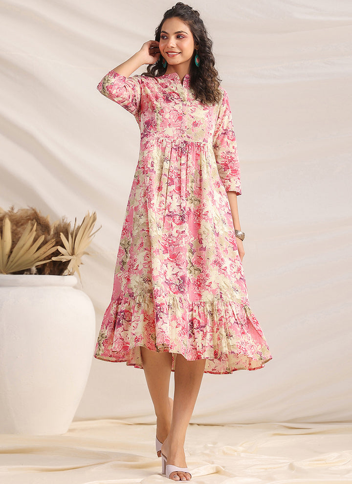 Pink Cotton Floral Printed Gathered Midi Dress