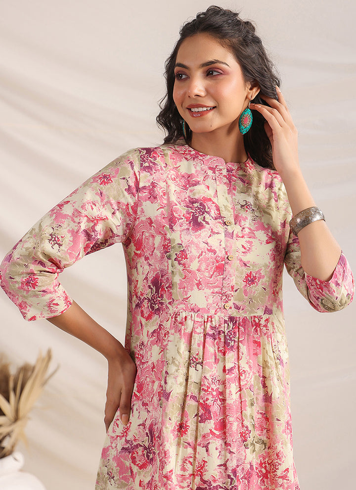 Pink Cotton Floral Printed Gathered Midi Dress