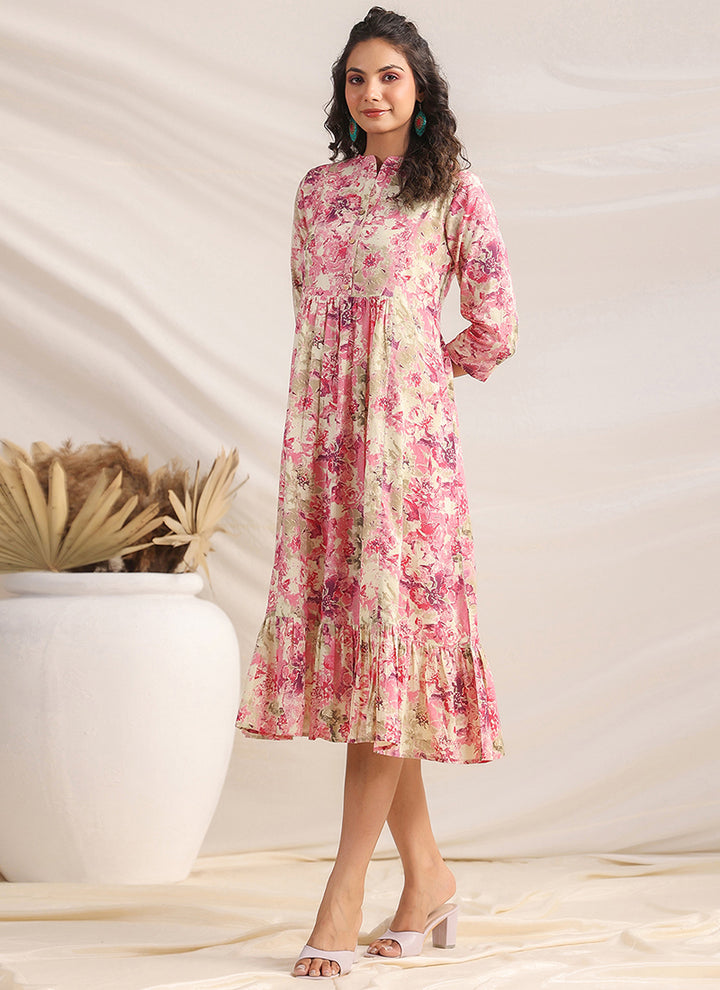 Pink Cotton Floral Printed Gathered Midi Dress