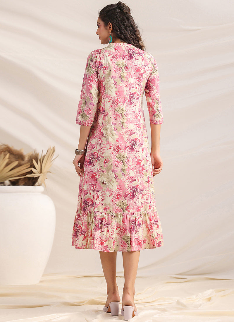 Pink Cotton Floral Printed Gathered Midi Dress