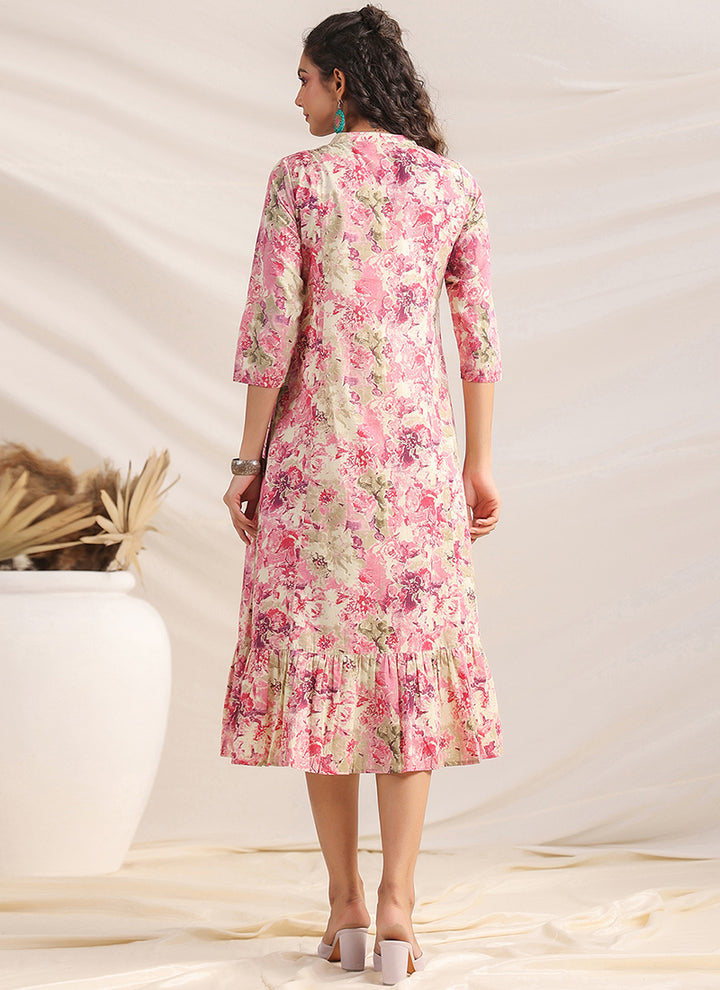 Pink Cotton Floral Printed Gathered Midi Dress
