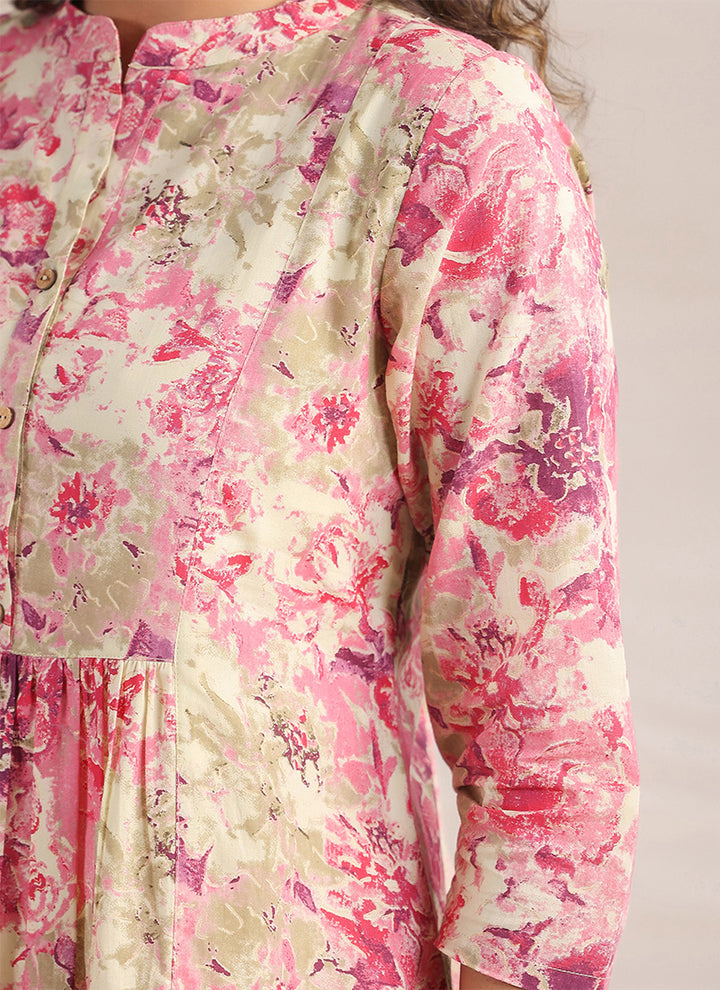 Pink Cotton Floral Printed Gathered Midi Dress