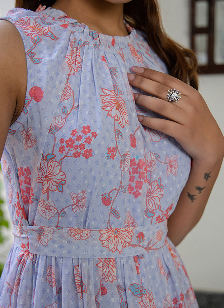 Lavender Floral Printed Georgette Midi Dress