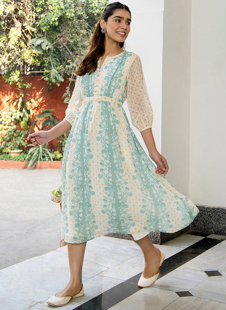 Off White Georgette Floral Printed Flared Midi Dress