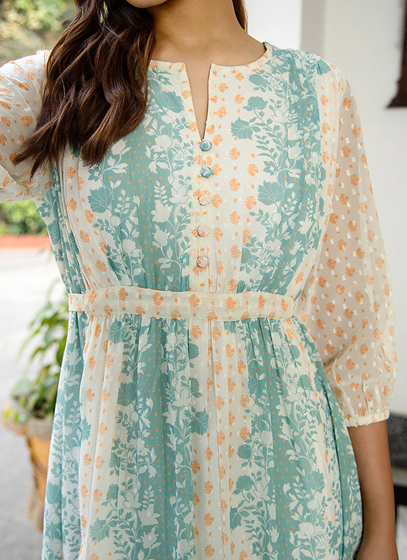 Off White Georgette Floral Printed Flared Midi Dress