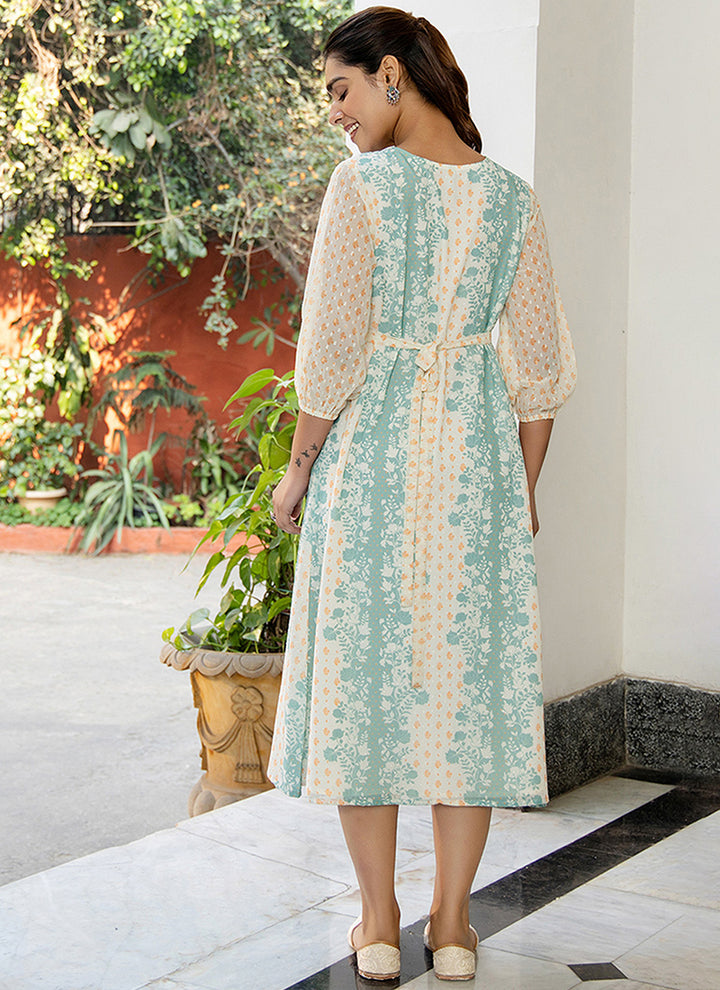 Off White Georgette Floral Printed Flared Midi Dress