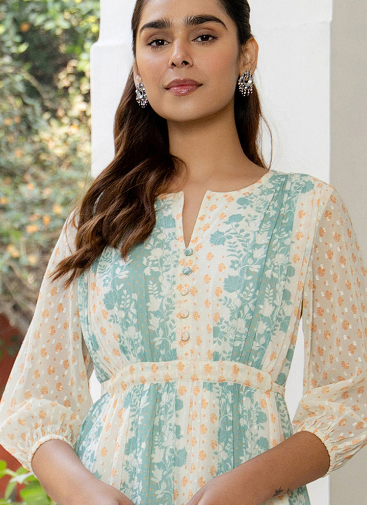 Off White Georgette Floral Printed Flared Midi Dress
