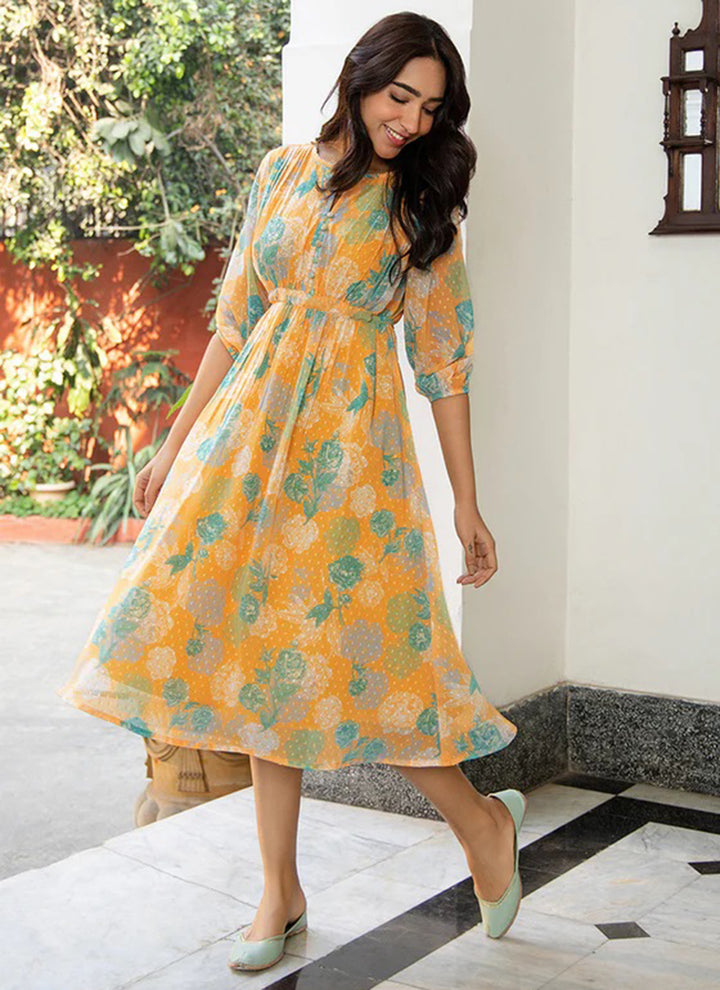 Mustard Georgette Floral Printed Flared Midi Dress
