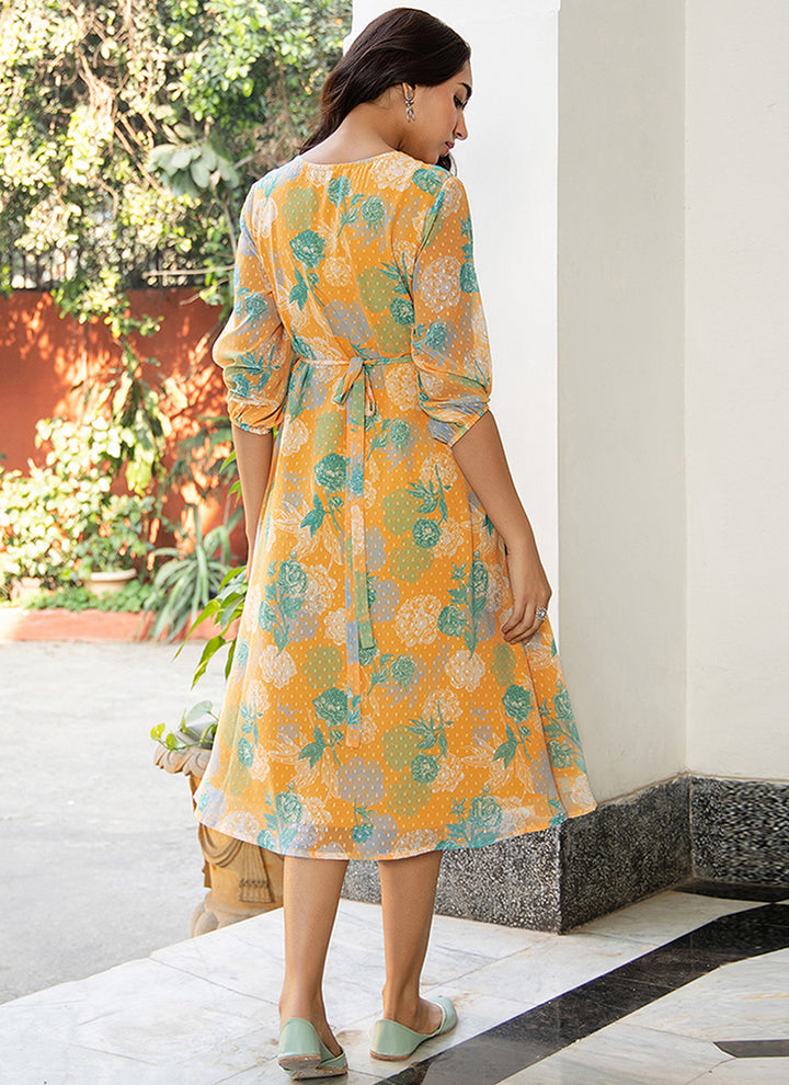 Mustard Georgette Floral Printed Flared Midi Dress