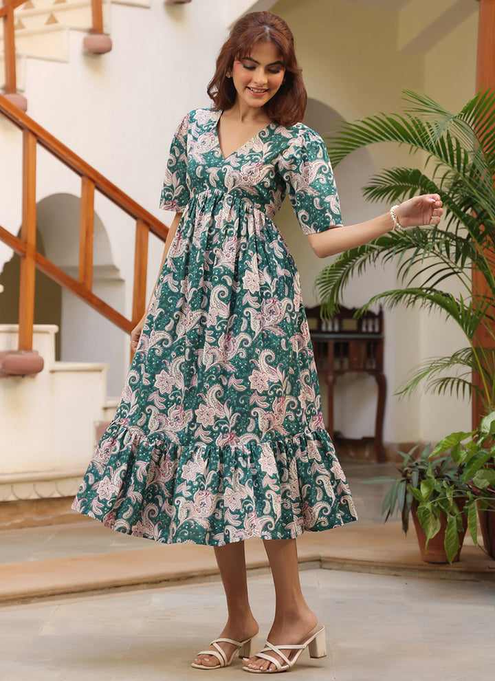 Green Pure Cotton Floral Printed Midi Dress