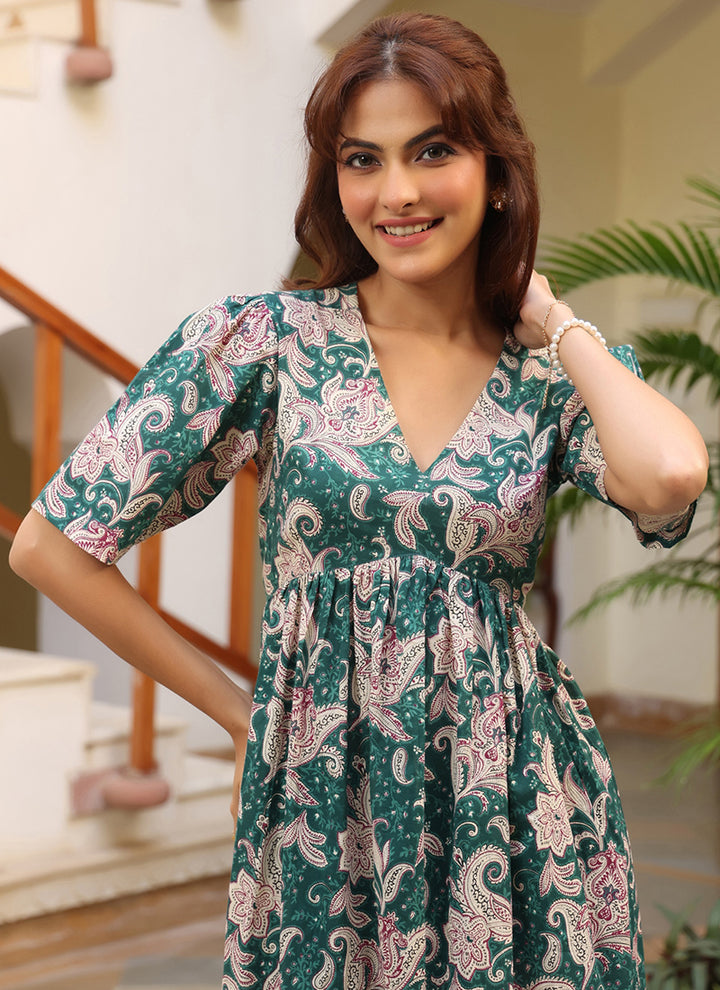 Green Pure Cotton Floral Printed Midi Dress
