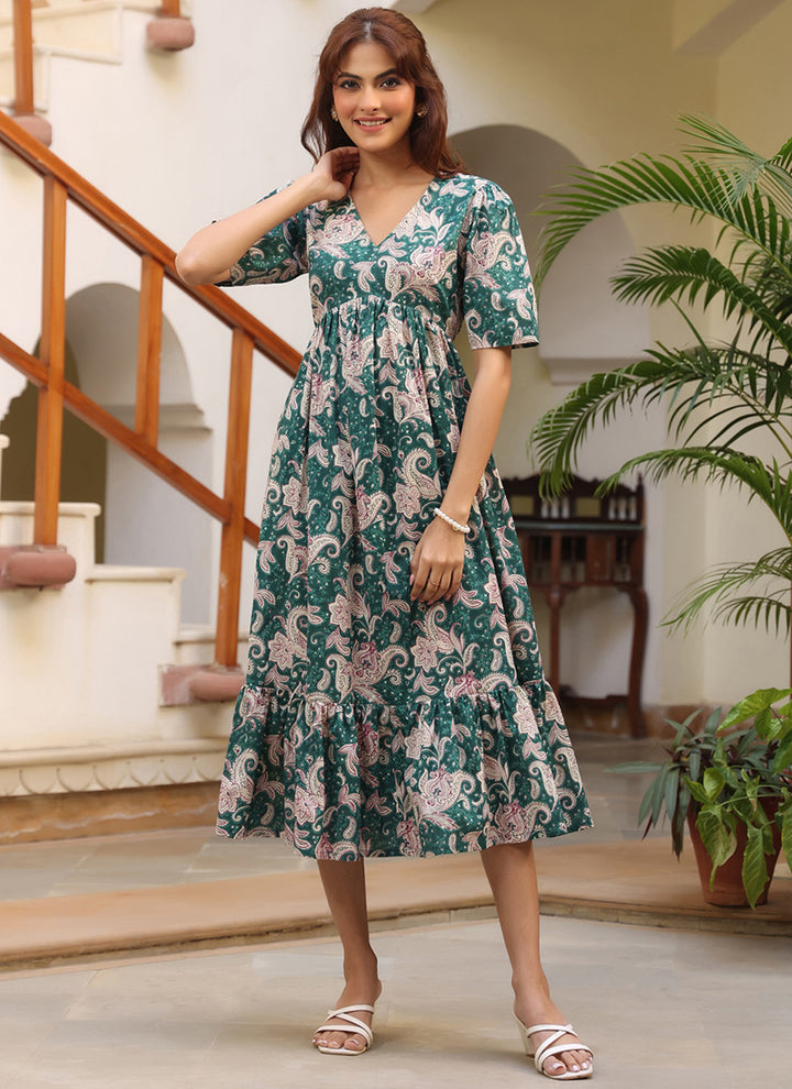 Green Pure Cotton Floral Printed Midi Dress
