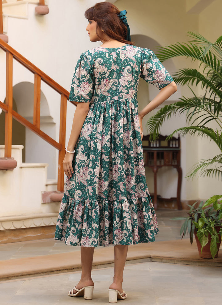Green Pure Cotton Floral Printed Midi Dress