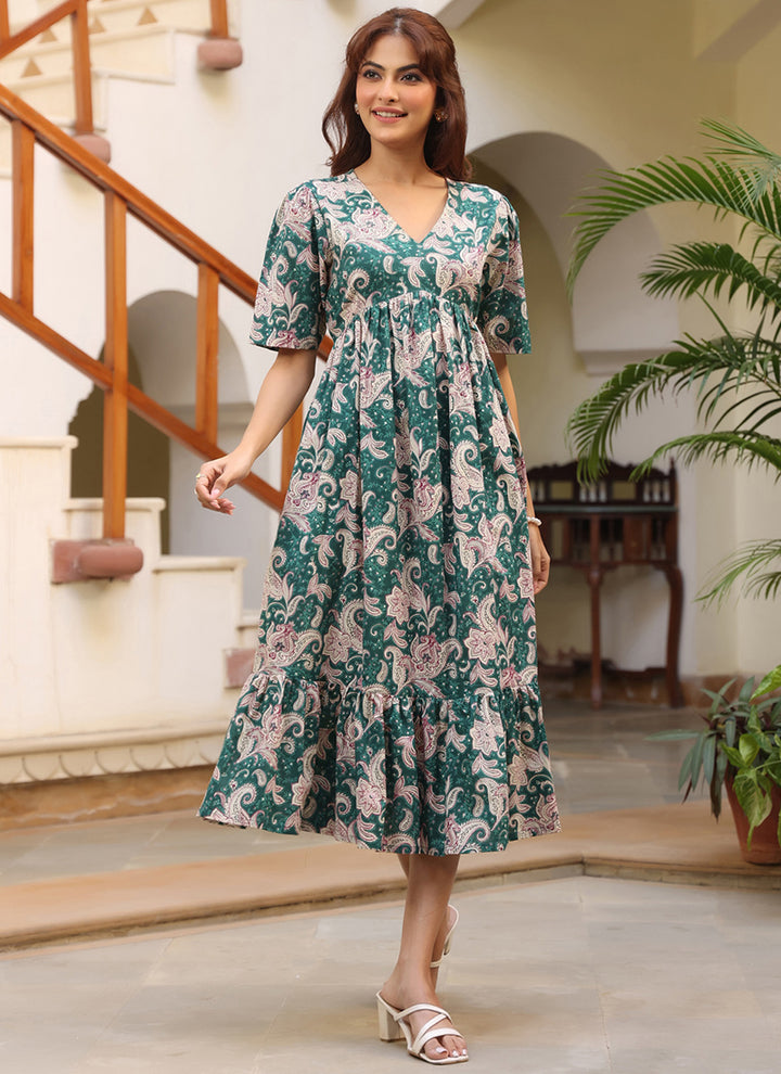 Green Pure Cotton Floral Printed Midi Dress