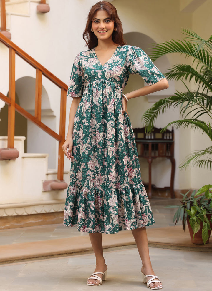 Green Pure Cotton Floral Printed Midi Dress