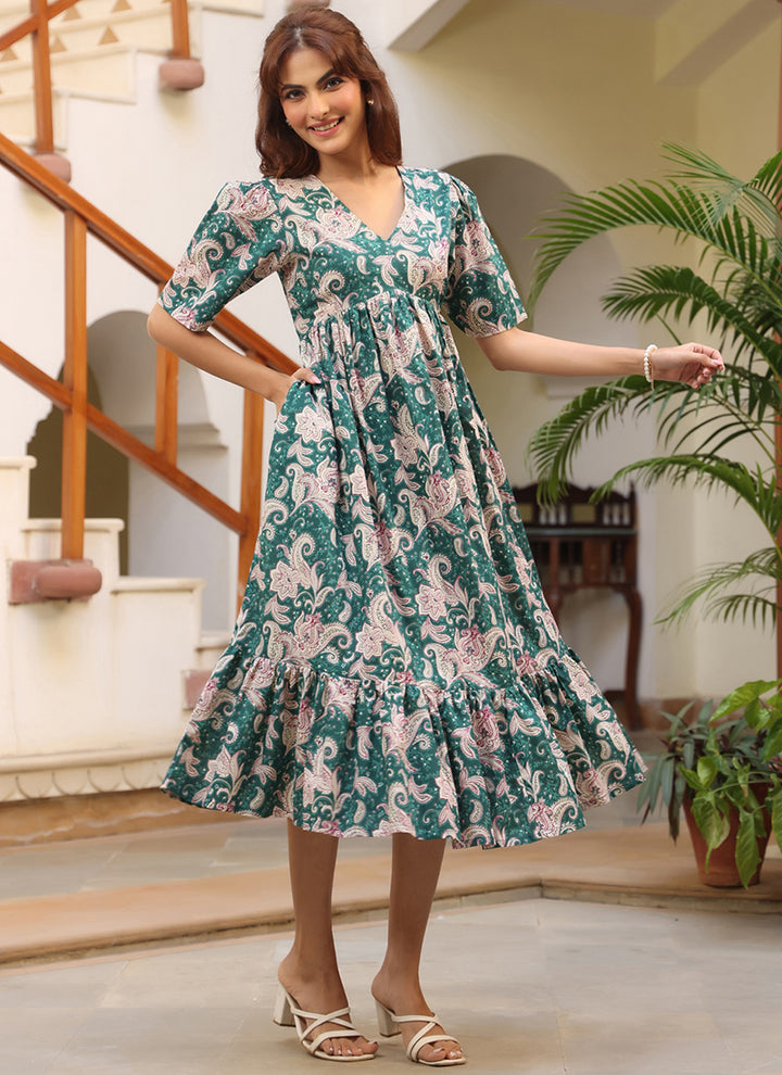 Green Pure Cotton Floral Printed Midi Dress