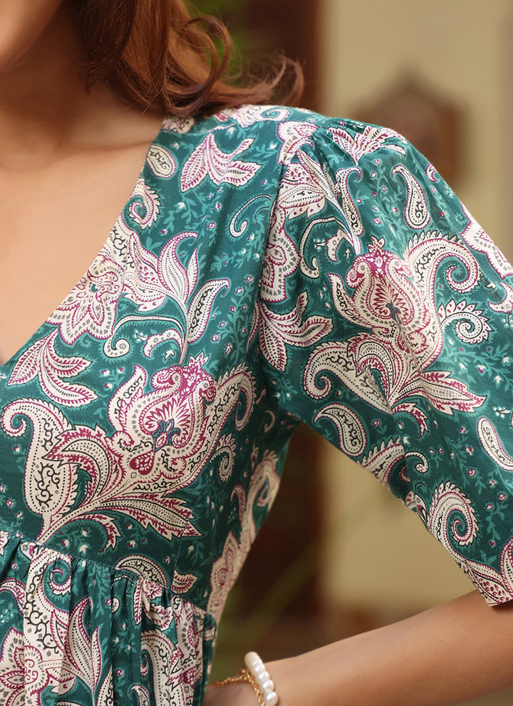 Green Pure Cotton Floral Printed Midi Dress