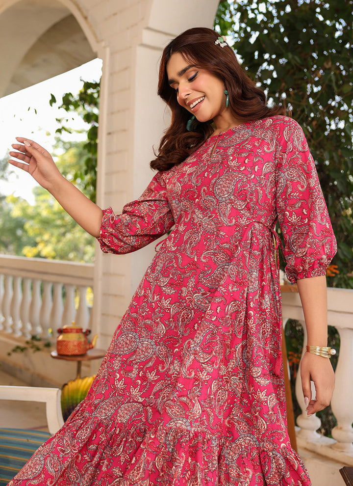 Pink Pure Cotton Floral Printed Midi Dress