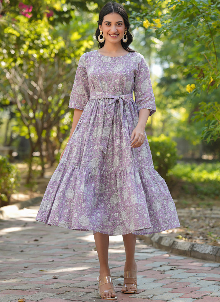 Lavender Cotton Floral Printed Outwear Midi Dress