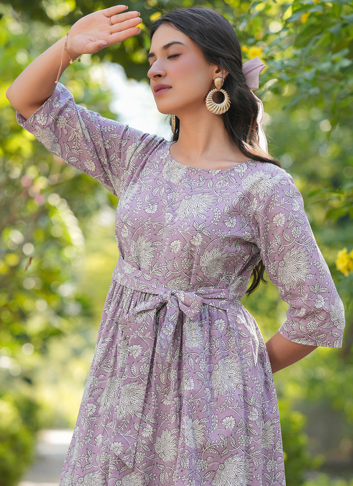 Lavender Cotton Floral Printed Outwear Midi Dress