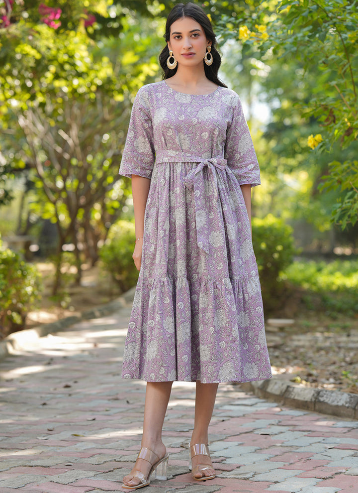 Lavender Cotton Floral Printed Outwear Midi Dress