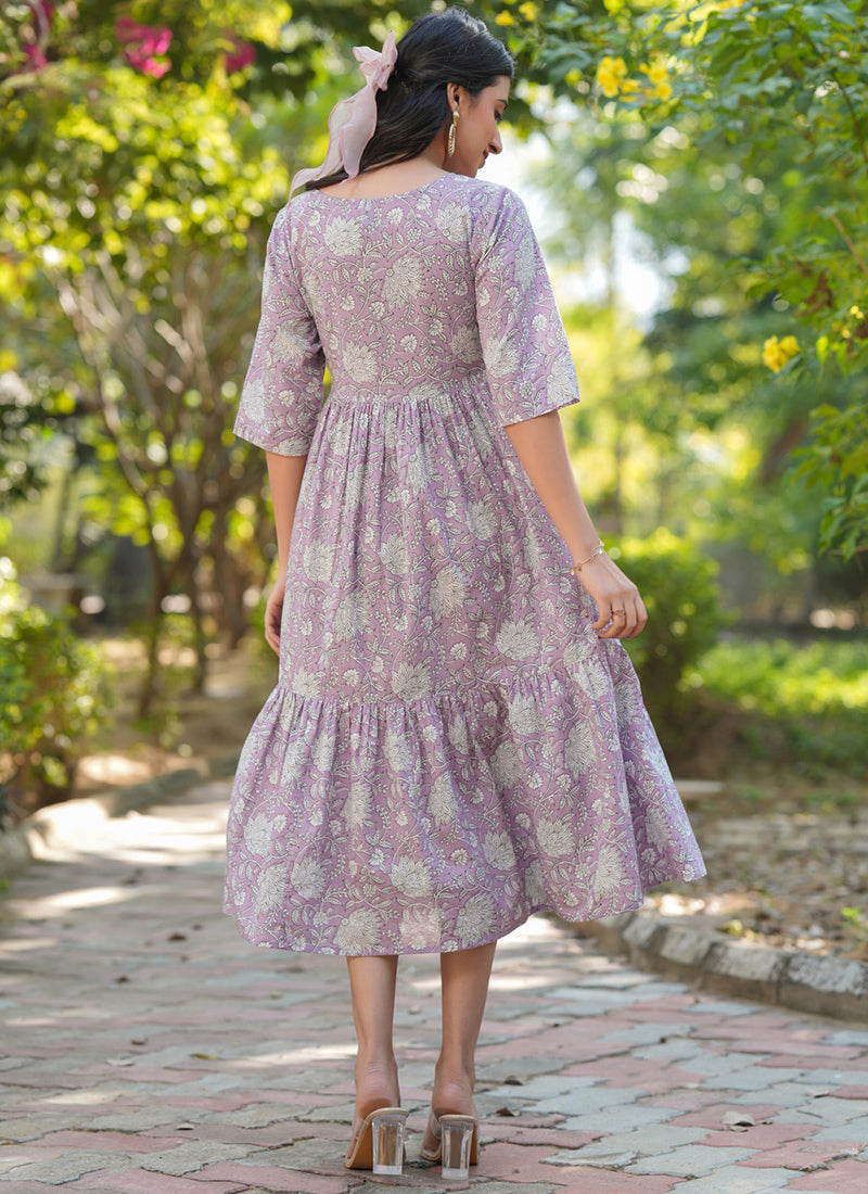 Lavender Cotton Floral Printed Outwear Midi Dress