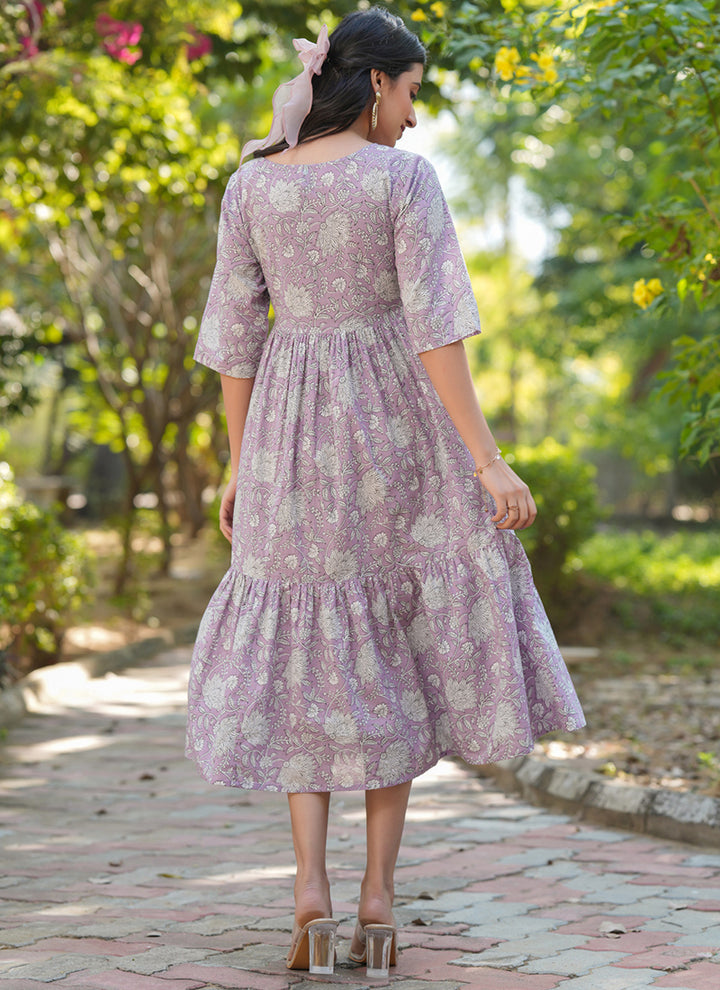 Lavender Cotton Floral Printed Outwear Midi Dress