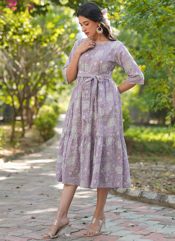 Lavender Cotton Floral Printed Outwear Midi Dress
