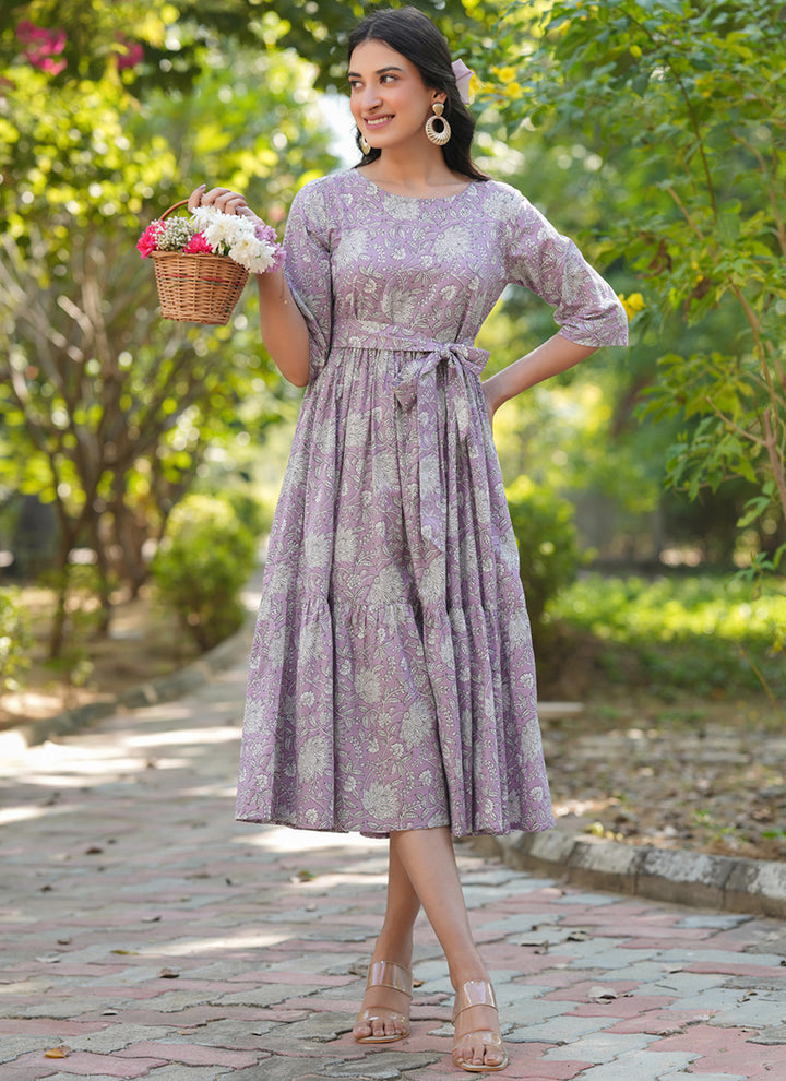 Lavender Cotton Floral Printed Outwear Midi Dress