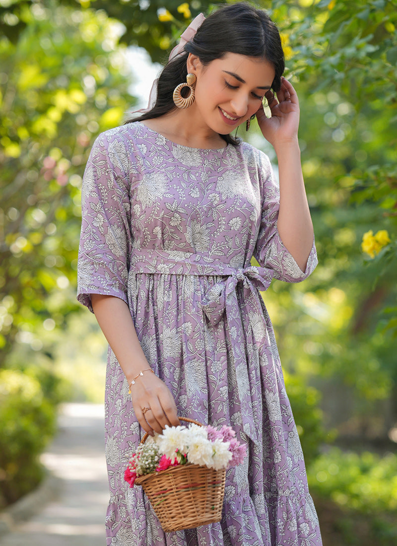 Lavender Cotton Floral Printed Outwear Midi Dress