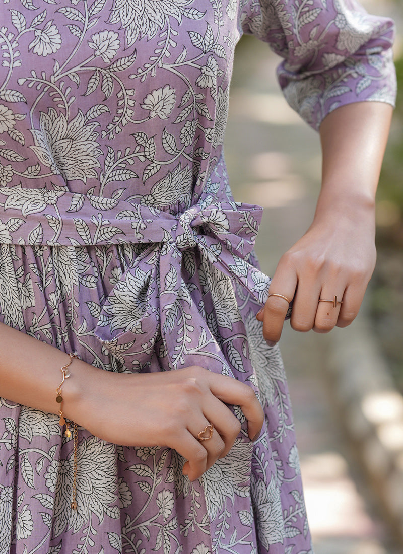 Lavender Cotton Floral Printed Outwear Midi Dress
