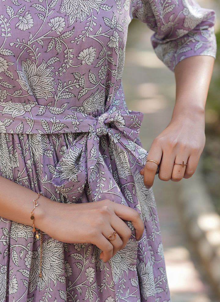 Lavender Cotton Floral Printed Outwear Midi Dress