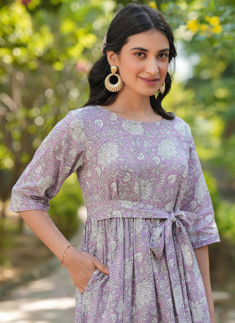 Lavender Cotton Floral Printed Outwear Midi Dress