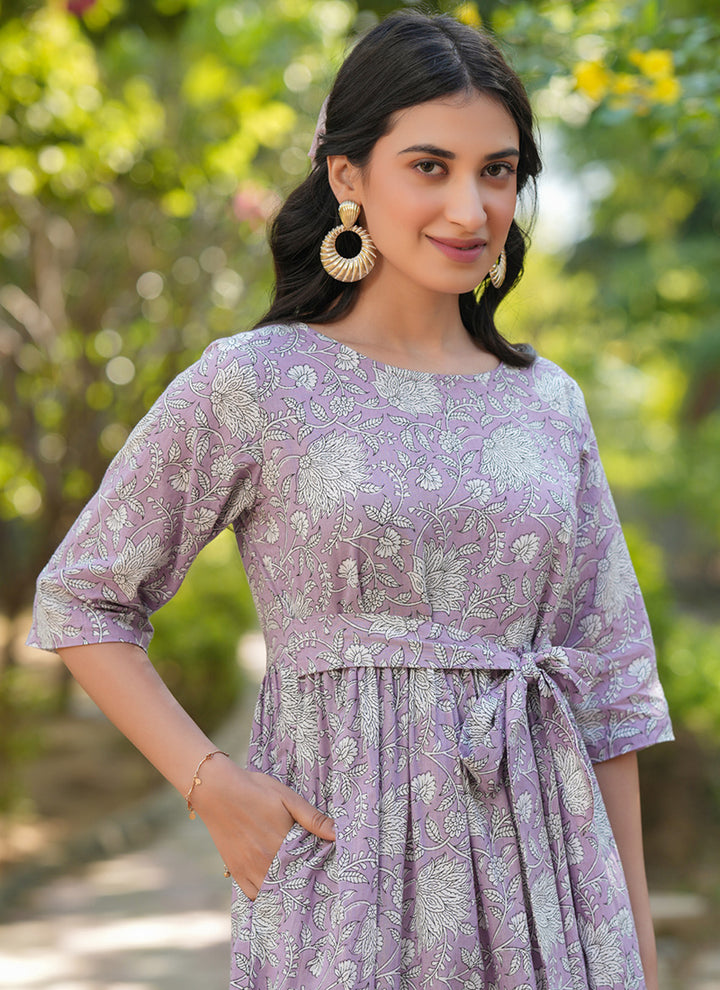Lavender Cotton Floral Printed Outwear Midi Dress